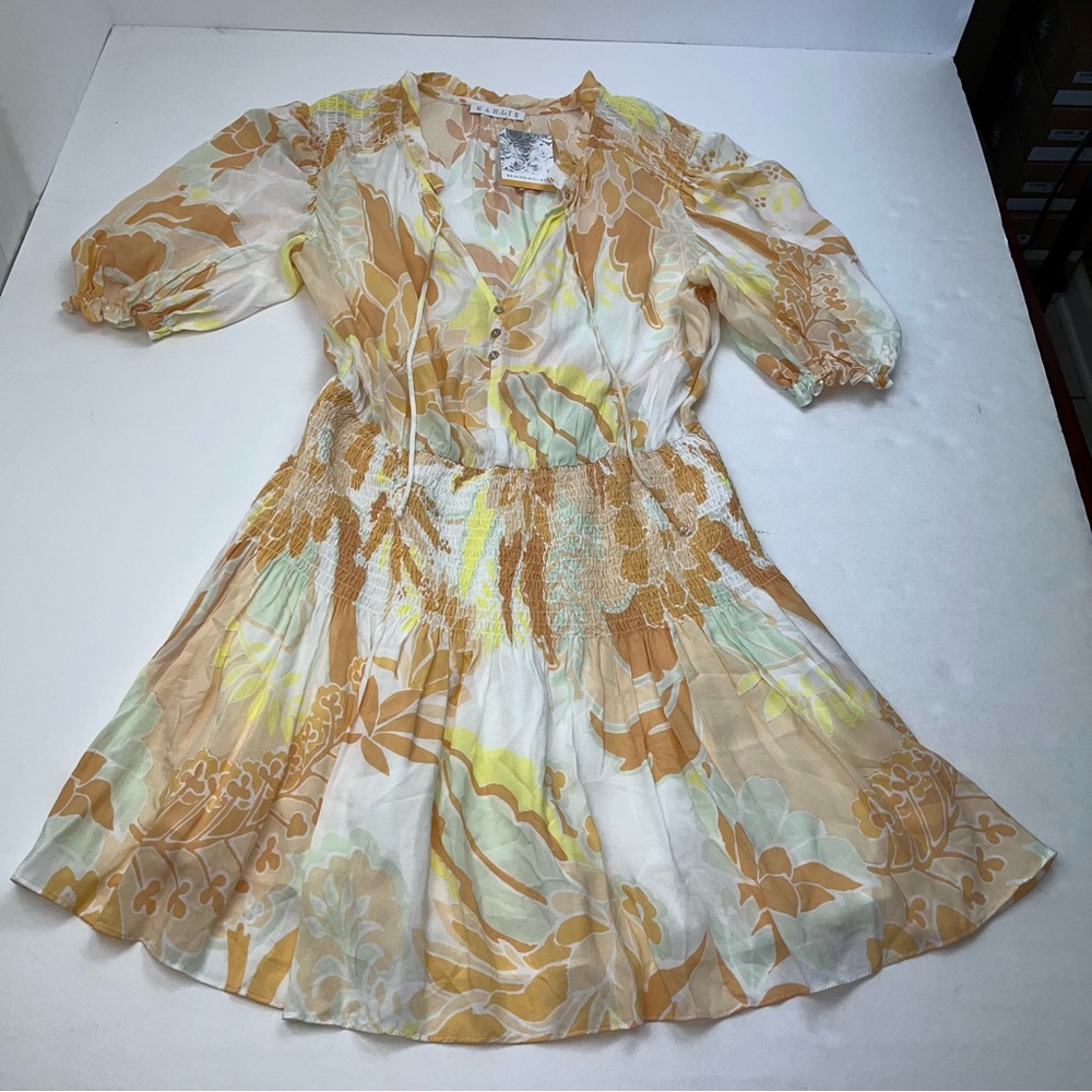Karlie Women Medium Floral 70's Smocked Waist Mini Dress Orange Yellow Ivory NEW